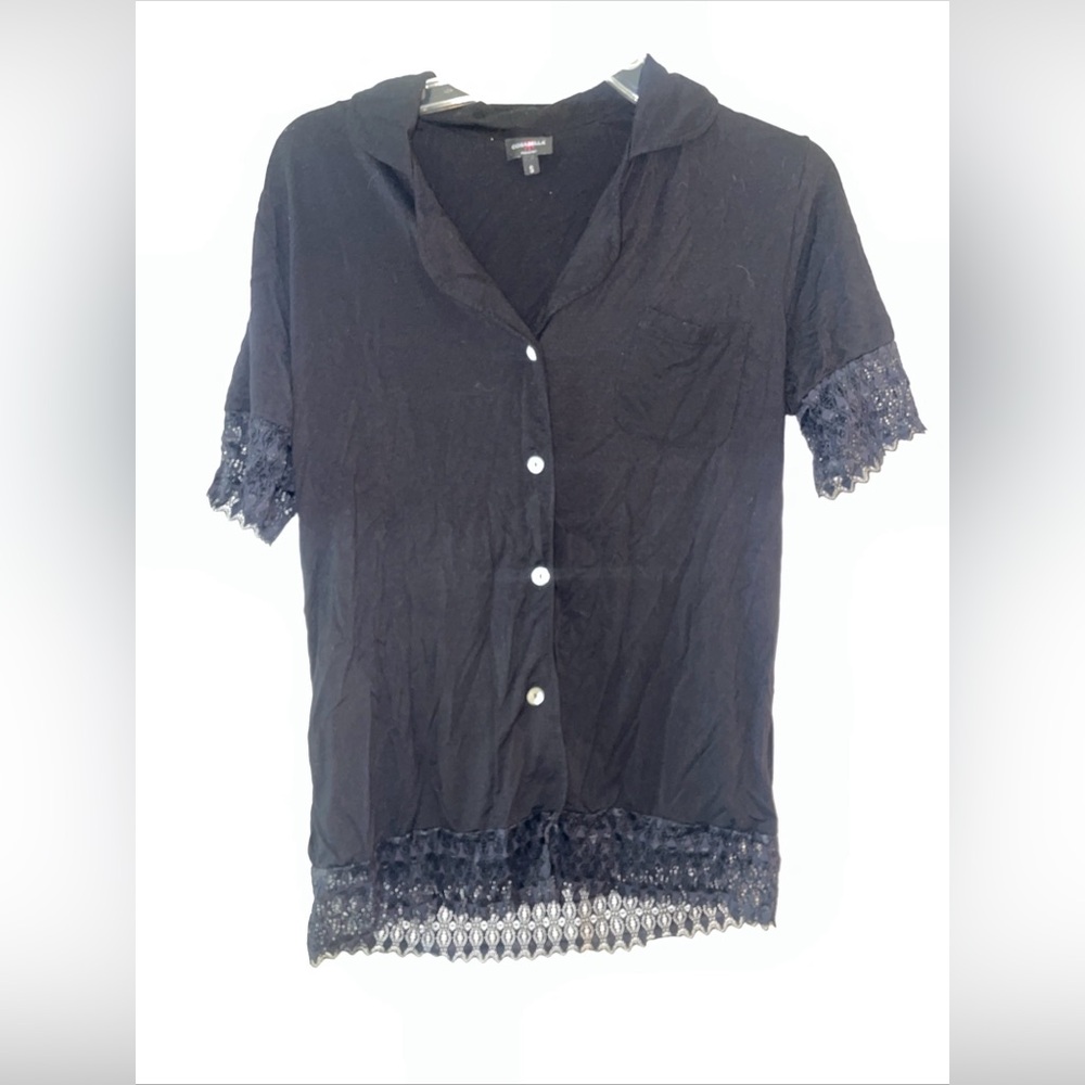 Cosabella Black Button Front Top Lace Trim Hem Sleeves Made in Italy Sz S